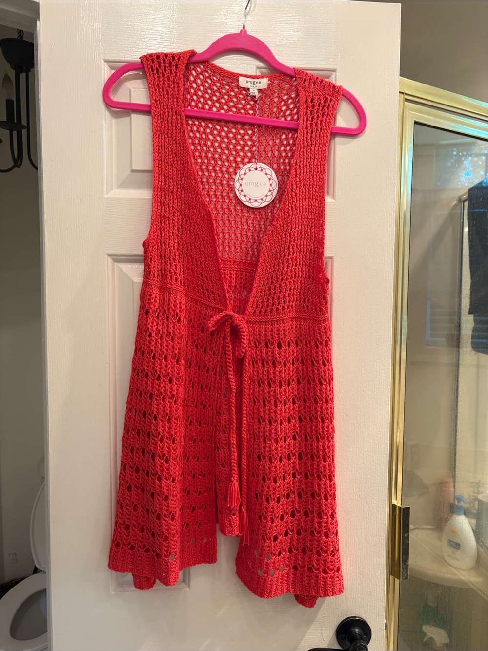 Umgee Coral-Red Crochet Tie-Front Vest